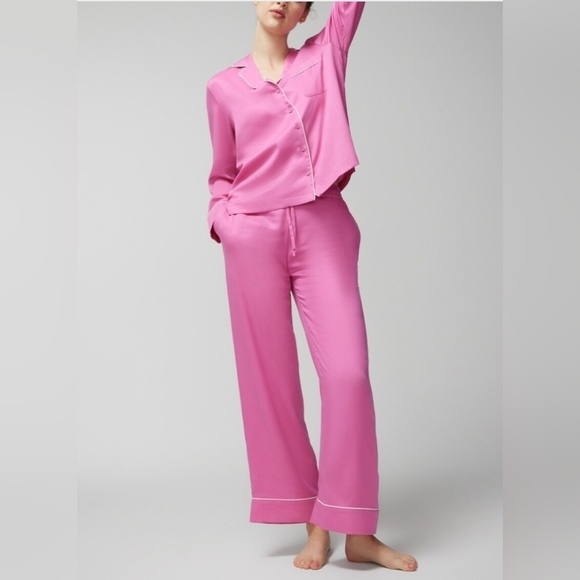 Soma Pajama Woven Set Long Sleeve Notch Collar Top Matching Pants Pink Sz L EUC - Picture 1 of 8